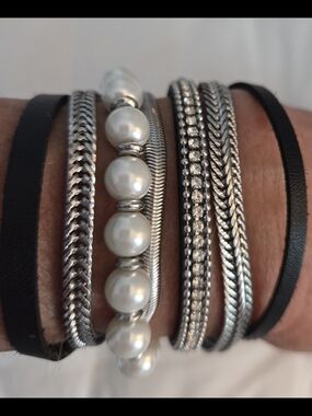 White House Black Market Silver & Black Multi-Row Bracelet Set with Faux Pearls